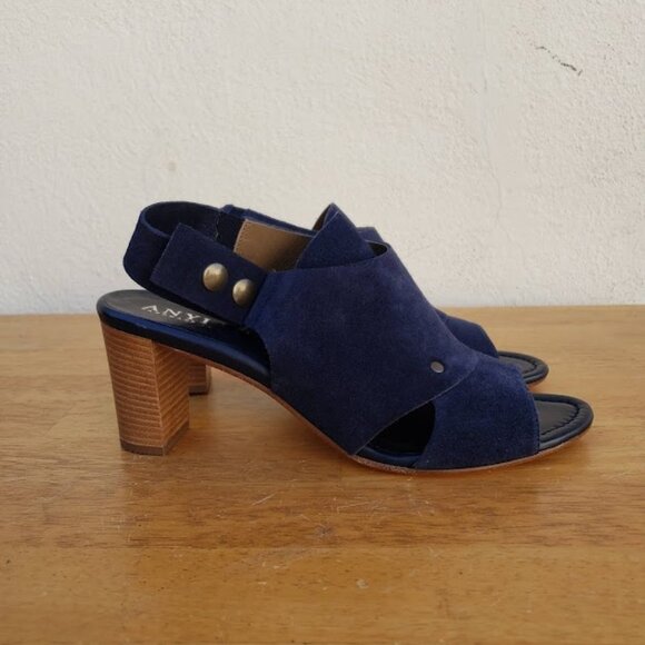 5/$100 SALE - Anyi Lu Blue Suede Athena Wood Heel Dress Sandal - Picture 2 of 9